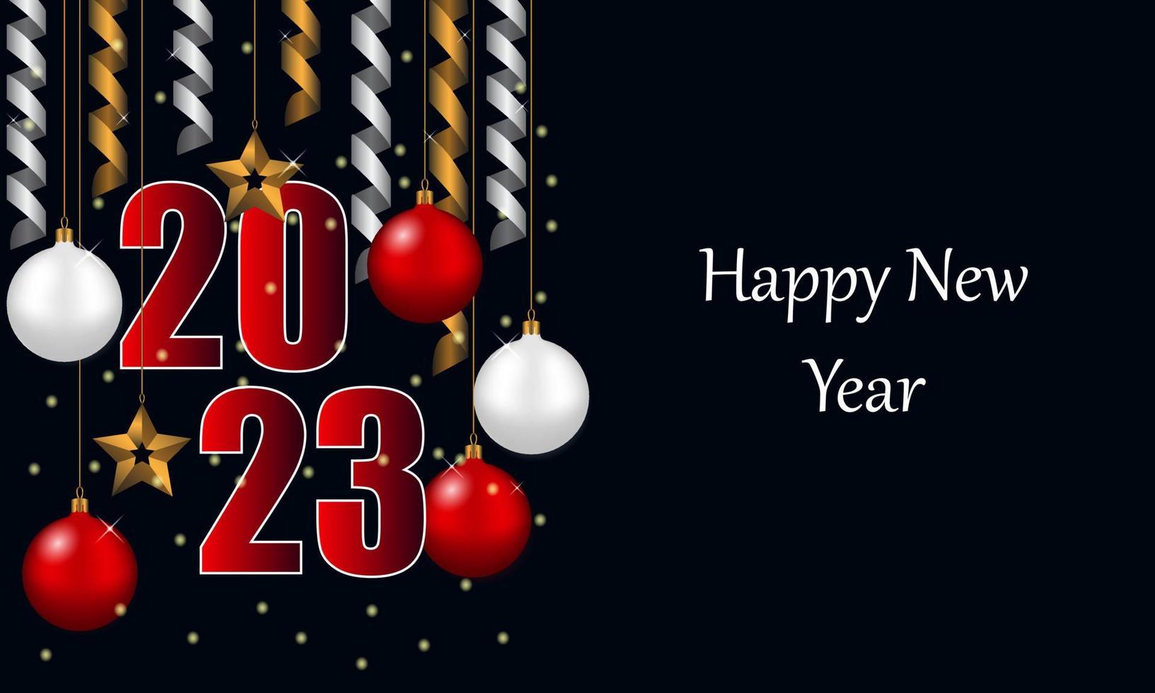 Happy New Year 2023. Holiday card design. Red numerals with gold and silver serpentine. Lettering with golden stars, red and white Christmas balls vector