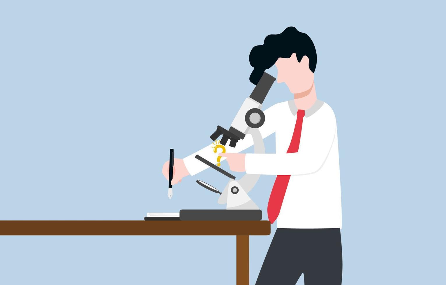 Thorough analysis of business issue, studying insight formation to solve problem correctly or increase marketing efficiency concept. Businessman using microscope to study question mark sign. vector