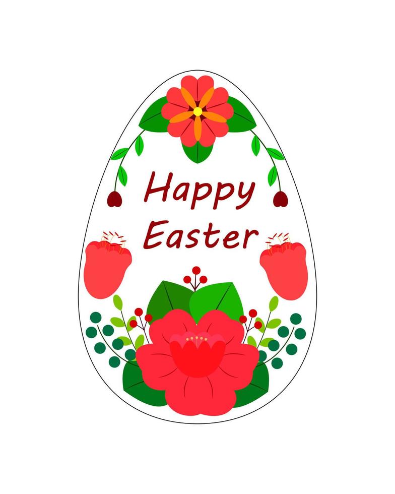 Happy Easter greeting card. Vector illustration of an Easter egg made of red spring flowers with inscription inside. Isolated on white background