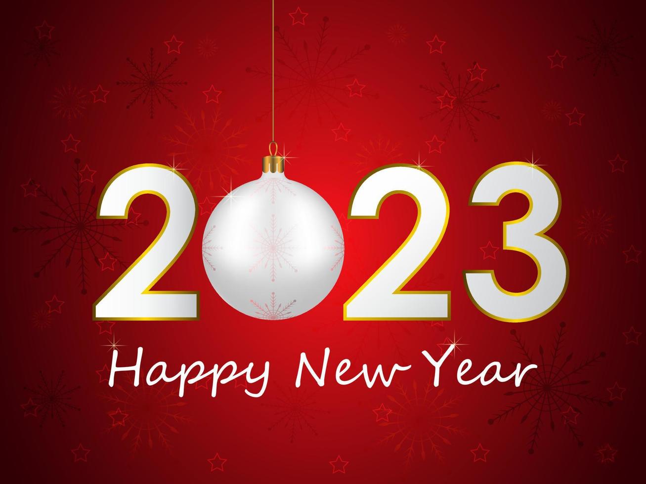 Happy New Year 2023. Greeting card with an inscription and a Christmas ball. Vector illustration