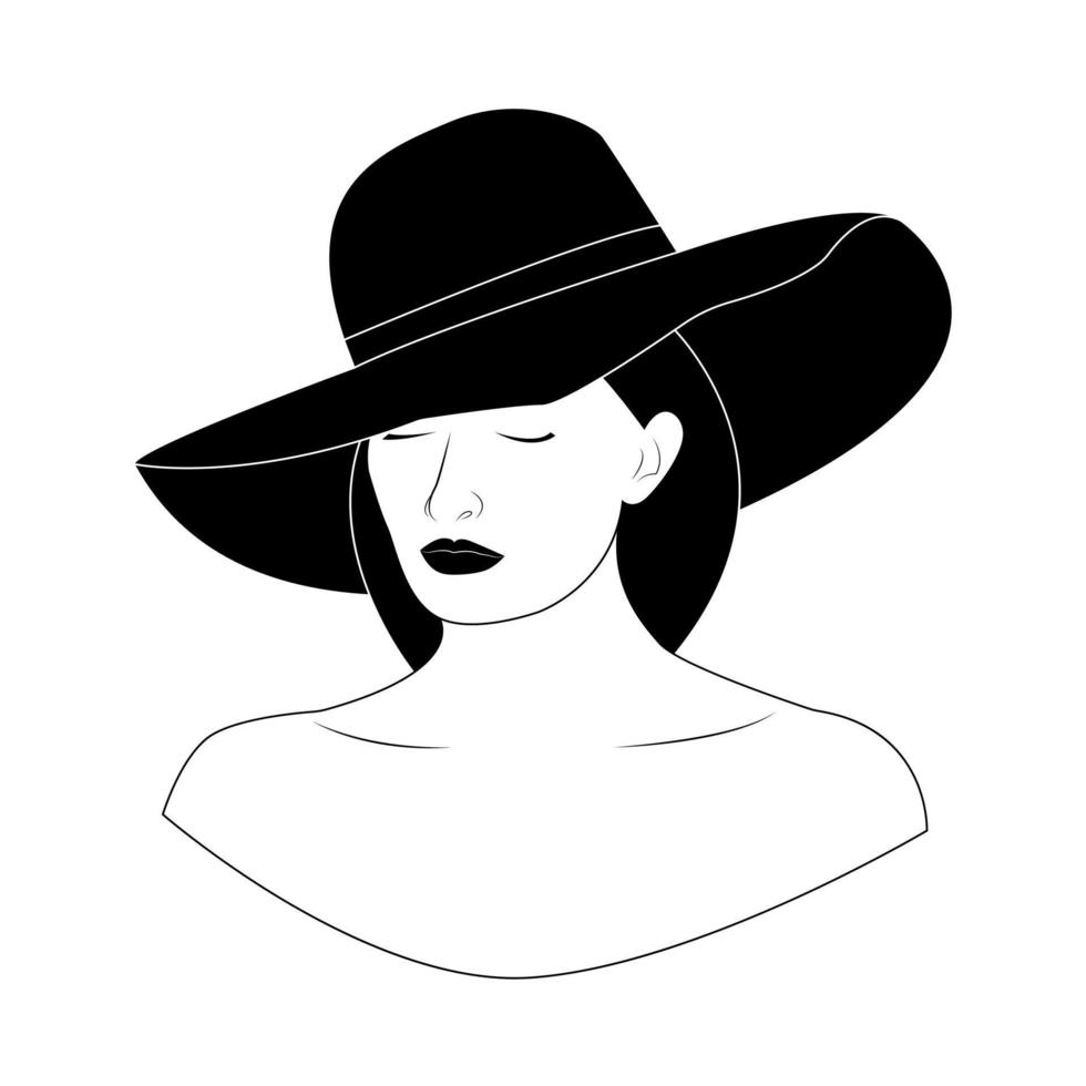 Black and white portrait of a beautiful woman in an elegant hat. Silhouette of a woman. Vector illustration isolated on white background