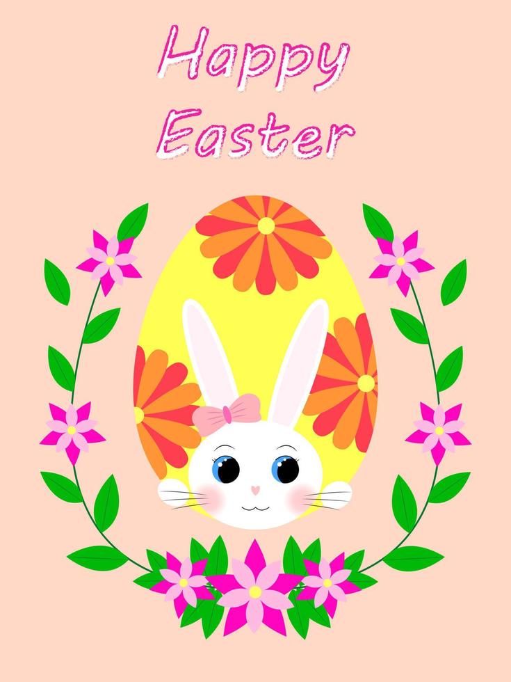 Happy easter. Greeting card. A white rabbit peeks out of an Easter egg. Vector illustration