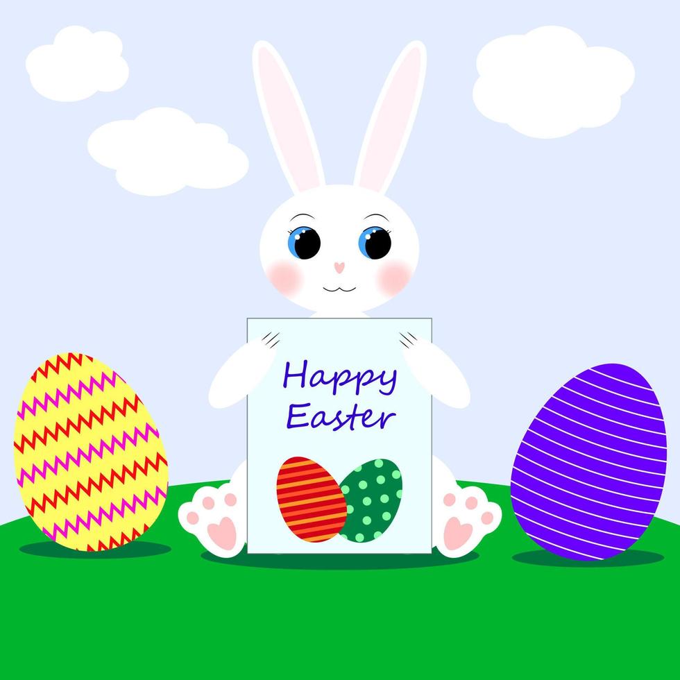 White Easter Bunny with a card and eggs on the lawn. Happy easter greeting card vector