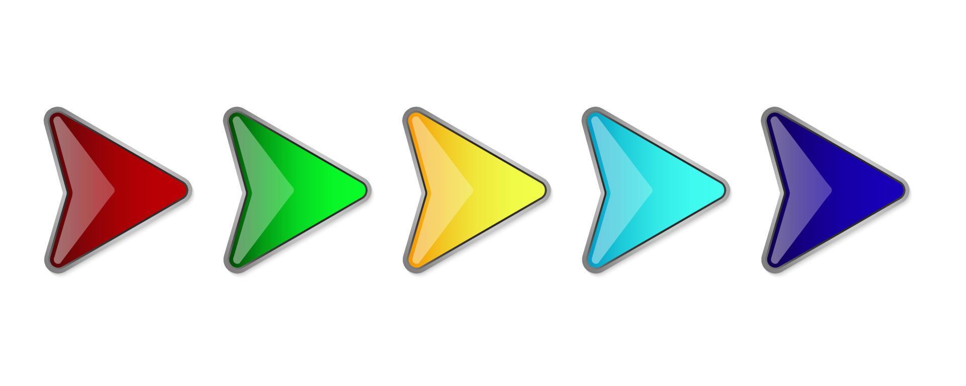 Set of bright glossy arrows. Colored arrows isolated. Glossy arrow buttons. Vector illustration