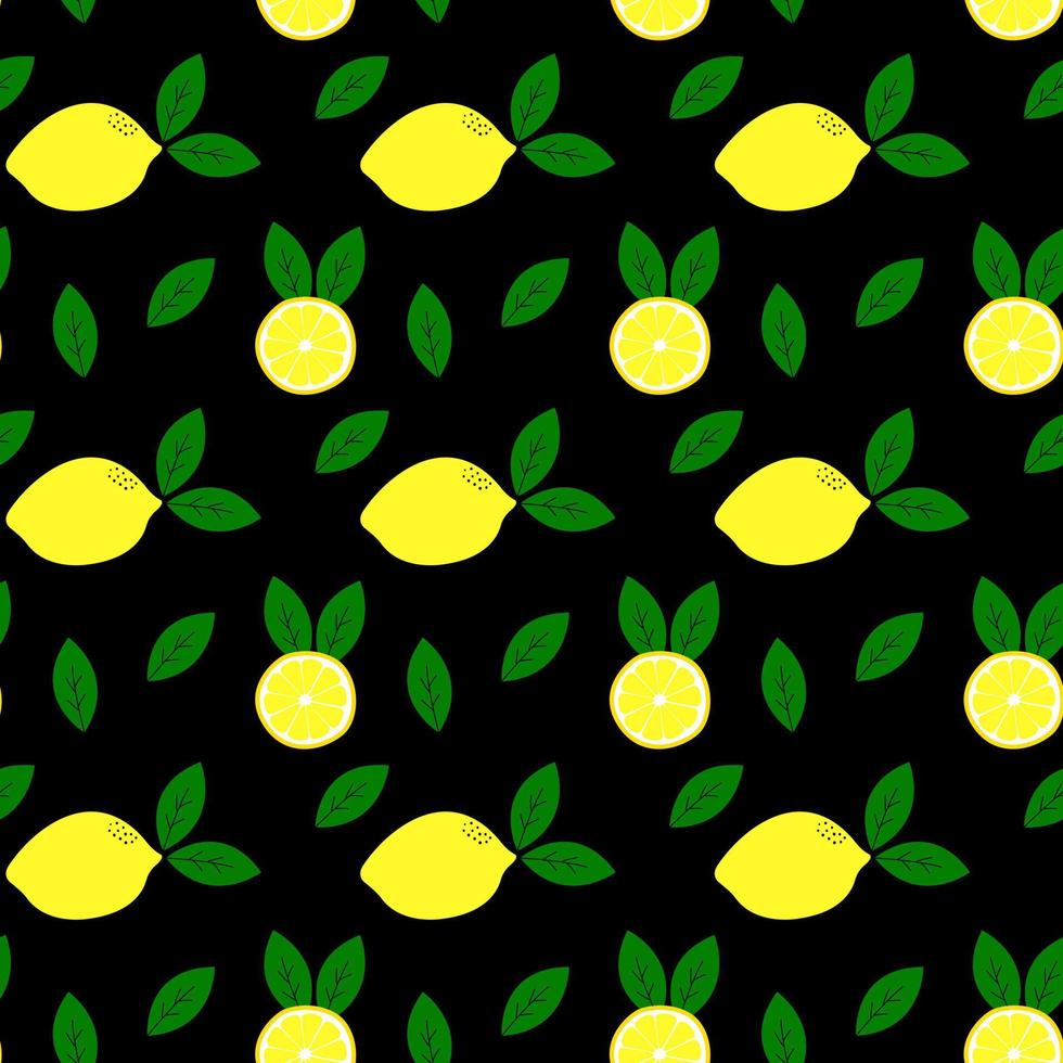 Trendy seamless pattern with lemons on a black background. Stylish fresh design for fabric, wrapping paper, packaging, apparel, textile. Vector illustration