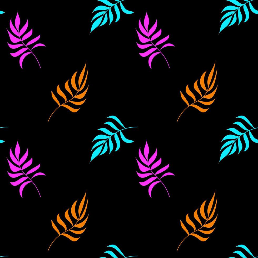 Seamless pattern of blue, orange and pink palm leaves on a black background. Tropical pattern. For textiles, packaging, fabrics, wallpapers, backgrounds, invitations. Vector illustration