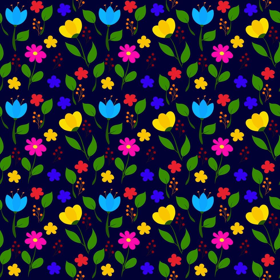Elegant seamless pattern with flowers on a dark blue background. Childish design for fabric, wallpaper, wrapping paper, packaging. Vector illustration