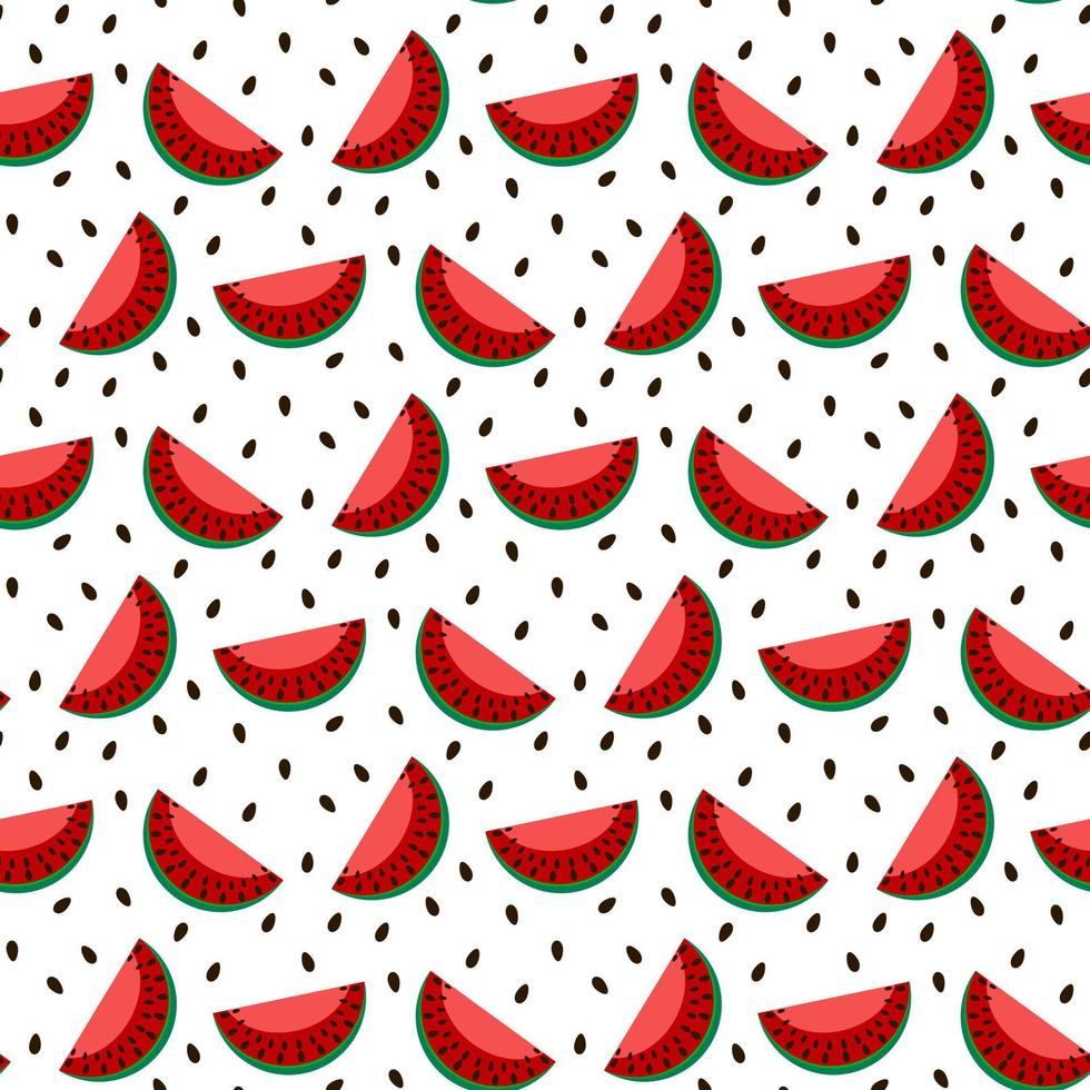 Seamless pattern with slices and seeds of watermelon on a white background. Design for fabric, wrapping paper, wallpapers, postcards. Vector illustration