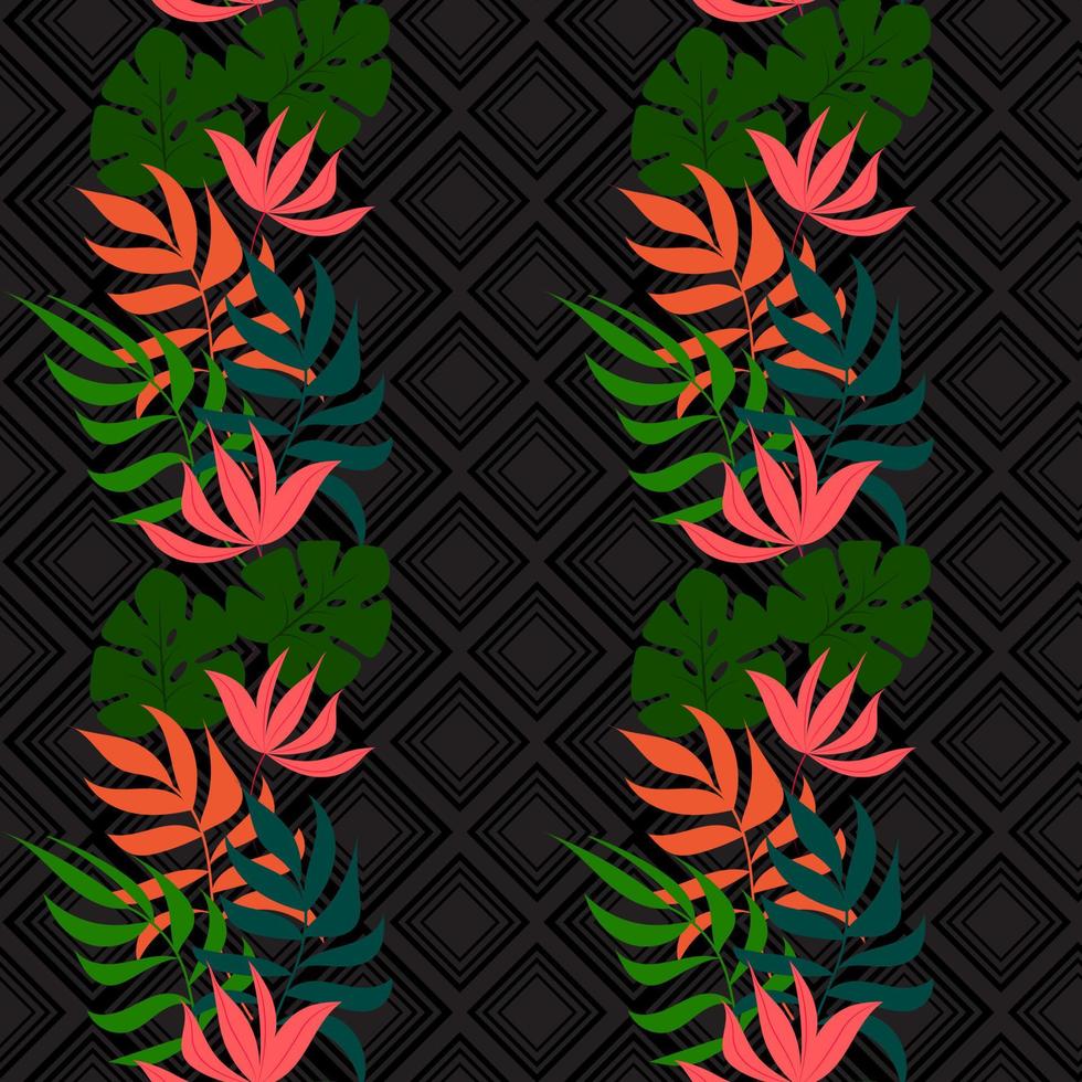 estampado de plantas exóticas de la selva de verano hojas de palmeras tropicales. sin fisuras, vector floral transparente sobre fondo geométrico negro. papel pintado de la naturaleza