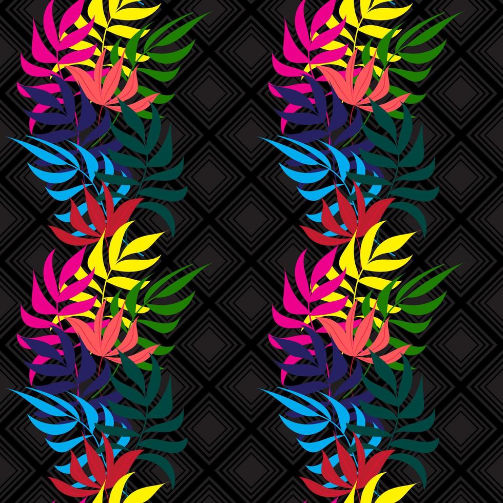 Print of summer exotic jungle plants tropical colorful palm leaves. Pattern, seamless floral vector on black geometric background. nature wallpaper
