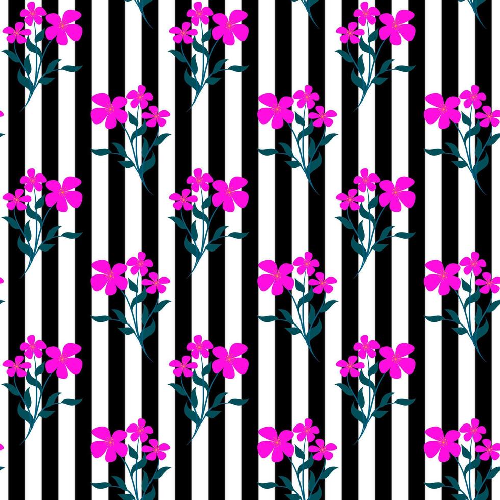 Trendy seamless vector floral pattern of pink flowers on a black and white striped background. Summer and spring motives. Stock vector illustration.