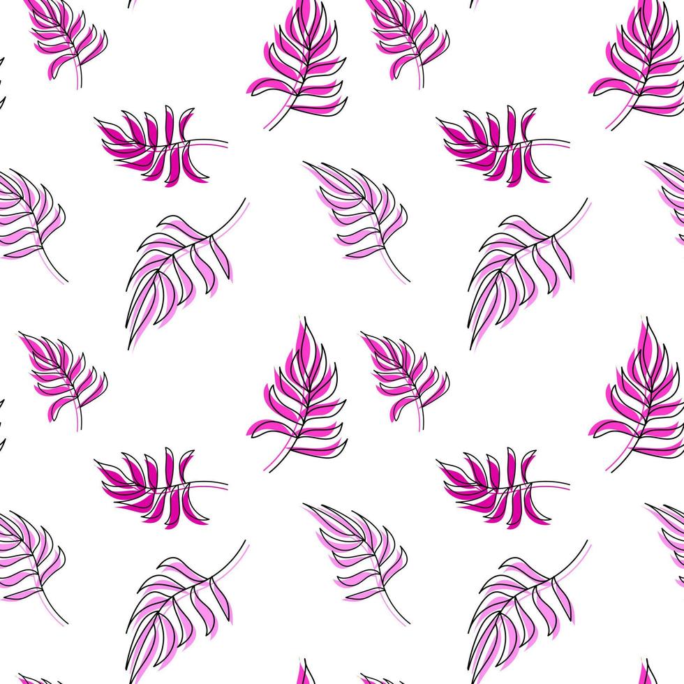 Seamless vector pattern palm leaves pink leaf and outline on background. For textiles, packaging, fabrics, wallpapers, backgrounds, invitations. Summer tropics. Vector illustration