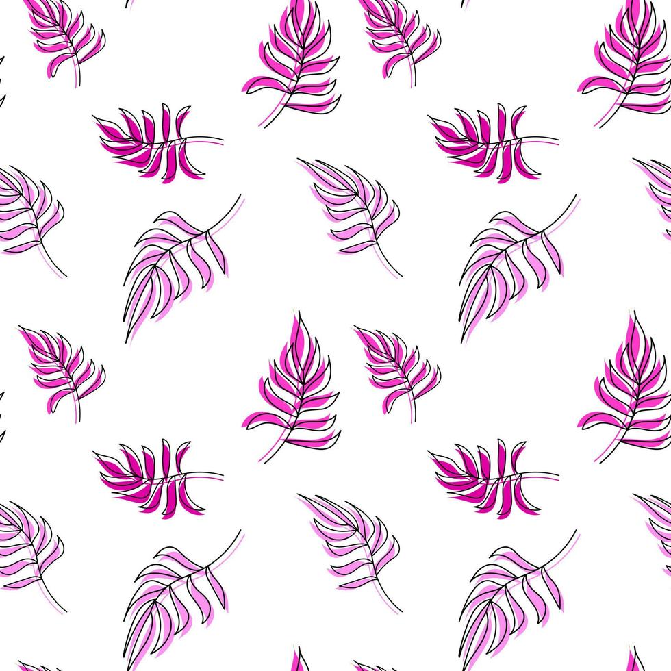 Seamless vector pattern palm leaves pink leaf and outline on background. For textiles, packaging, fabrics, wallpapers, backgrounds, invitations. Summer tropics. Vector illustration