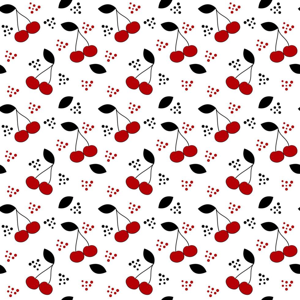 Trendy seamless background with red cherries on a white background. Stylish fresh design for fabric, wrapping paper, packaging, apparel, textile. Vector illustration