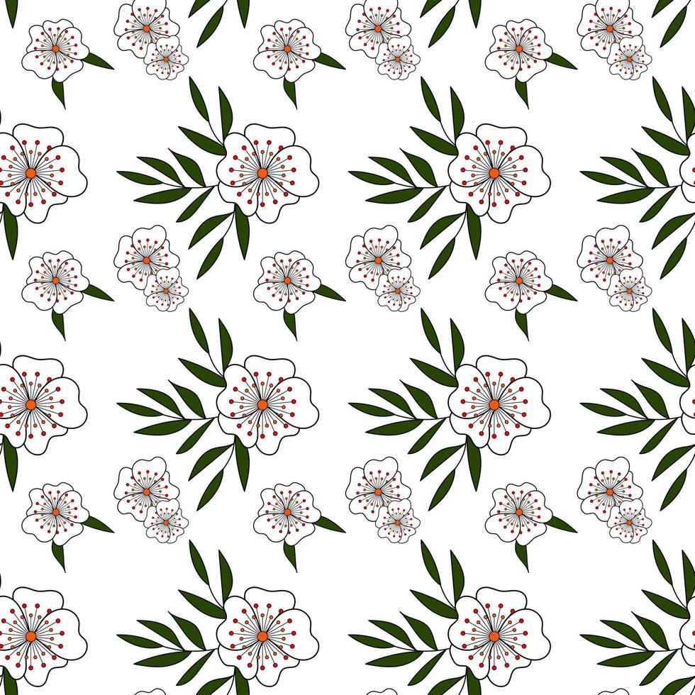 Seamless vintage pattern. Wonderful white flowers, dark green leaves on a white background. Vector texture. Trend print for textiles, wallpaper and packaging.