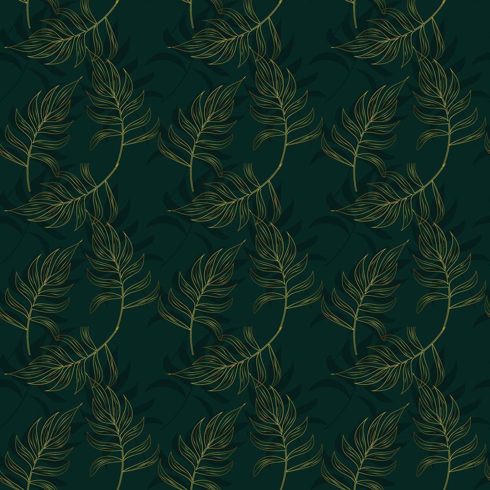 Golden tropical leaves drawing seamless pattern. Abstract Palm leaf line art, silhouette on luxury green color background. Creative tropics illustration for wallpaper, textile design. Vector art