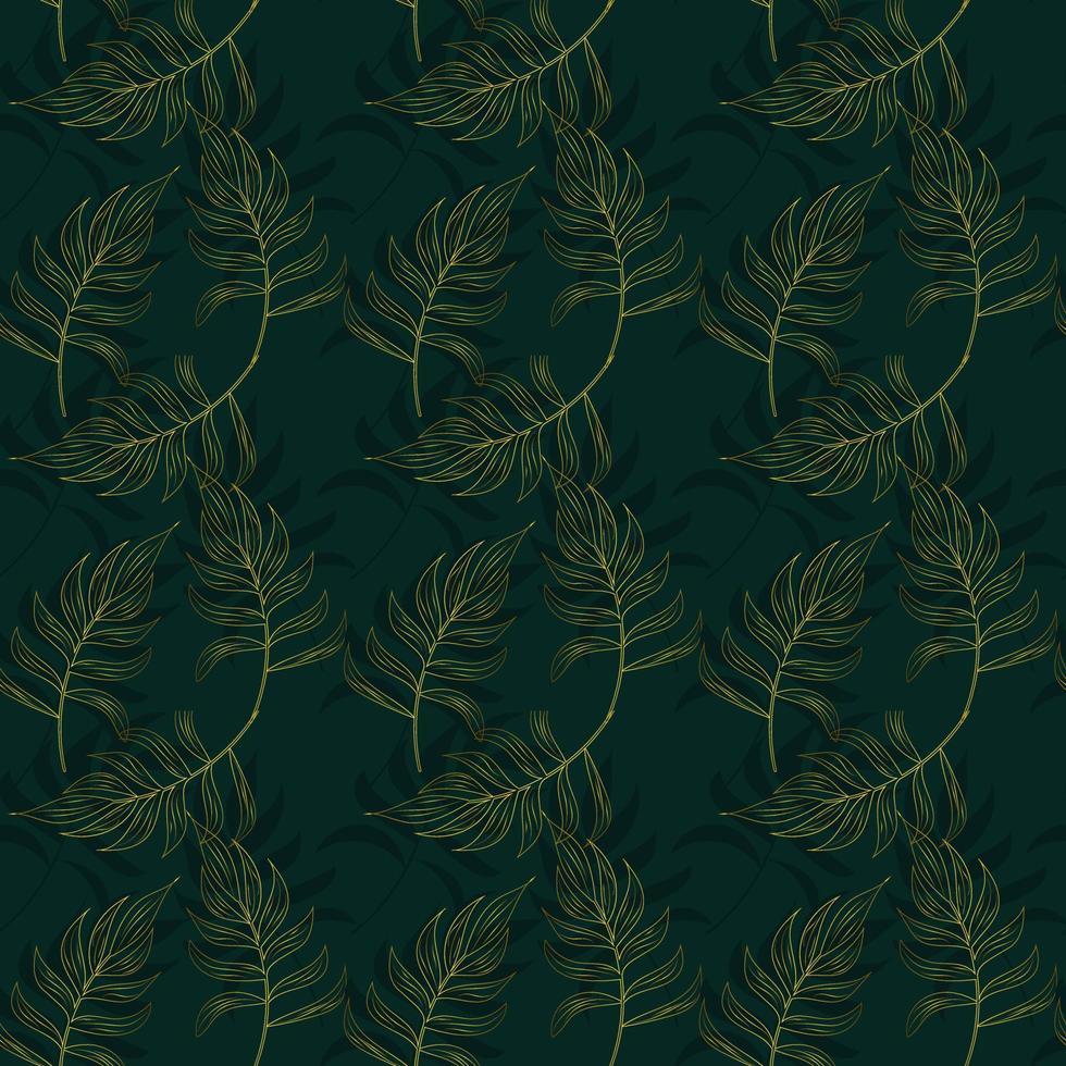 Golden tropical leaves drawing seamless pattern. Abstract Palm leaf line art, silhouette on luxury green color background. Creative tropics illustration for wallpaper, textile design. Vector art