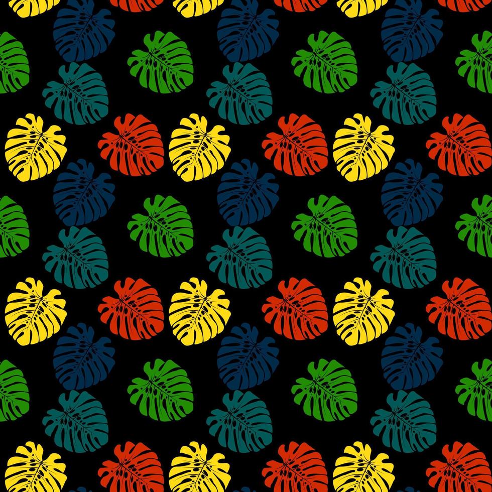 Seamless tropical pattern of monstera palm leaves on a black background. Modern design for fabric, wrapping paper, apparel, textile, postcards, backdrop. Vector illustration