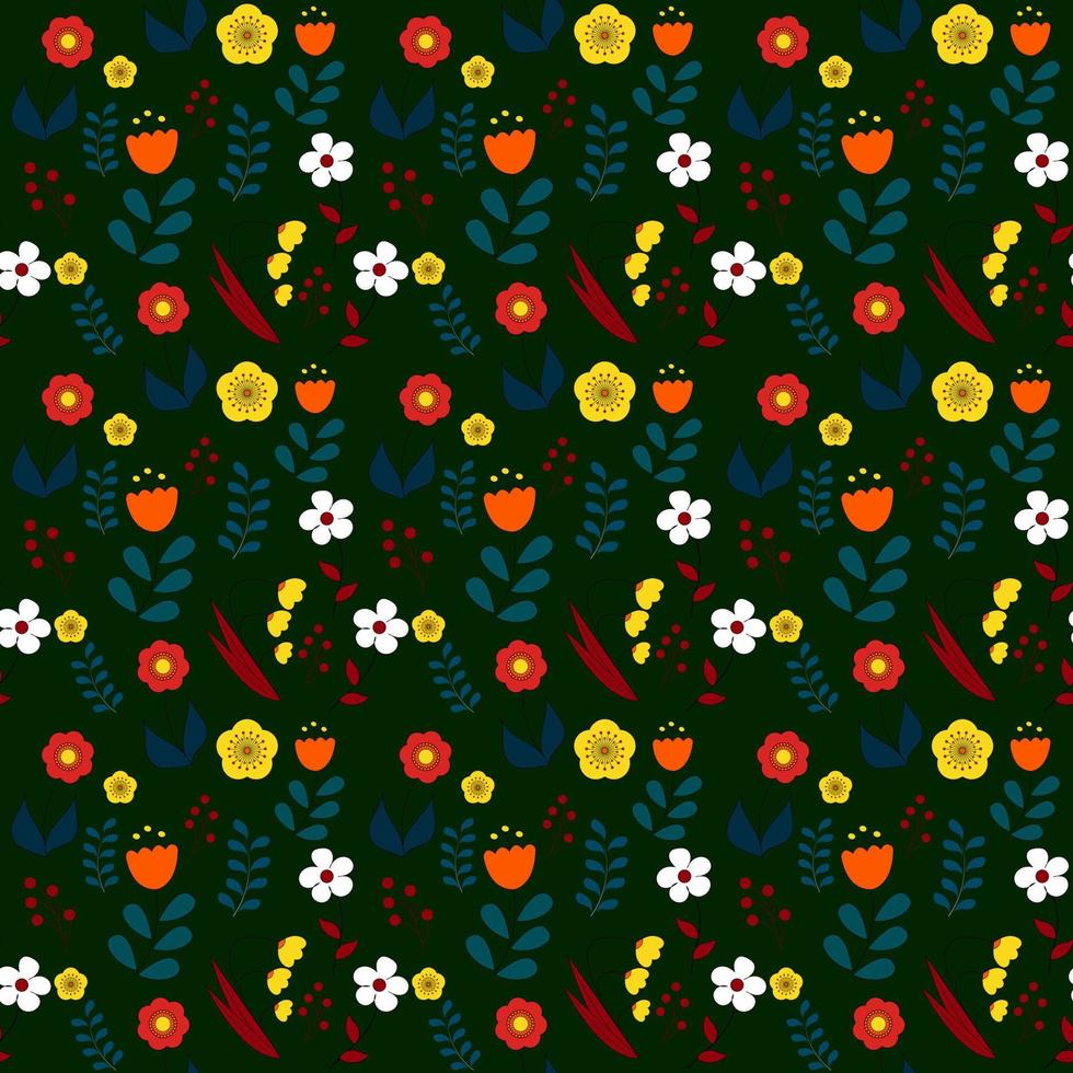 Seamless floral pattern on a dark green background. Bright flowers in doodle style. Children's floral pattern. Vector illustration