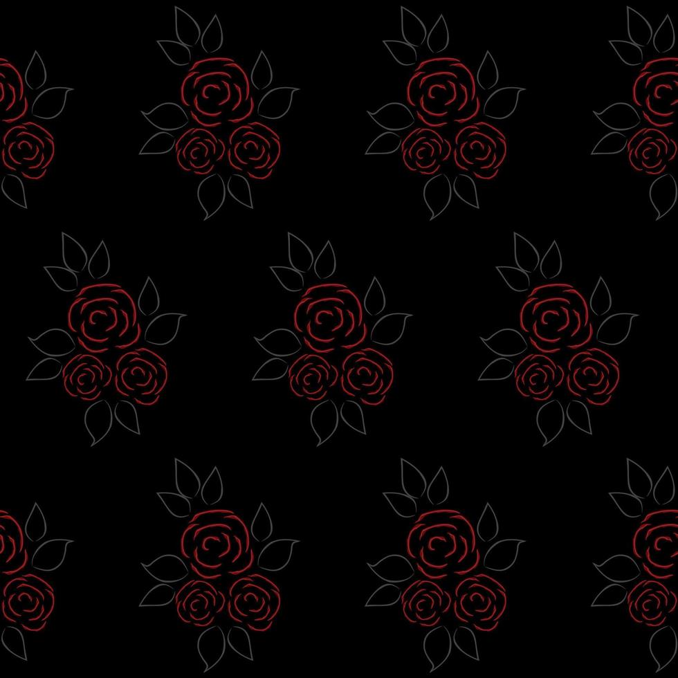 Seamless pattern with red roses on a black background. Floral wallpaper with cute flowers and leaves. Watercolor drawing. Vector illustration