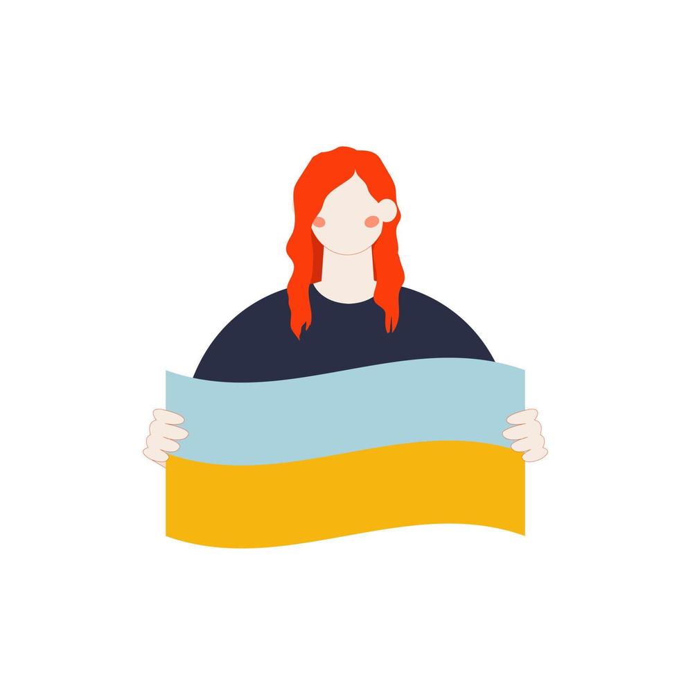 Support Ukraine, woman holding Ukrainian flag isolated on the white background. Volunteering concept. Vector illustration