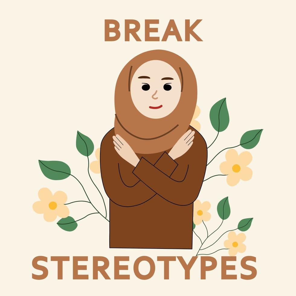 Break muslim stereotypes hijabi woman illustration with flowers. vector