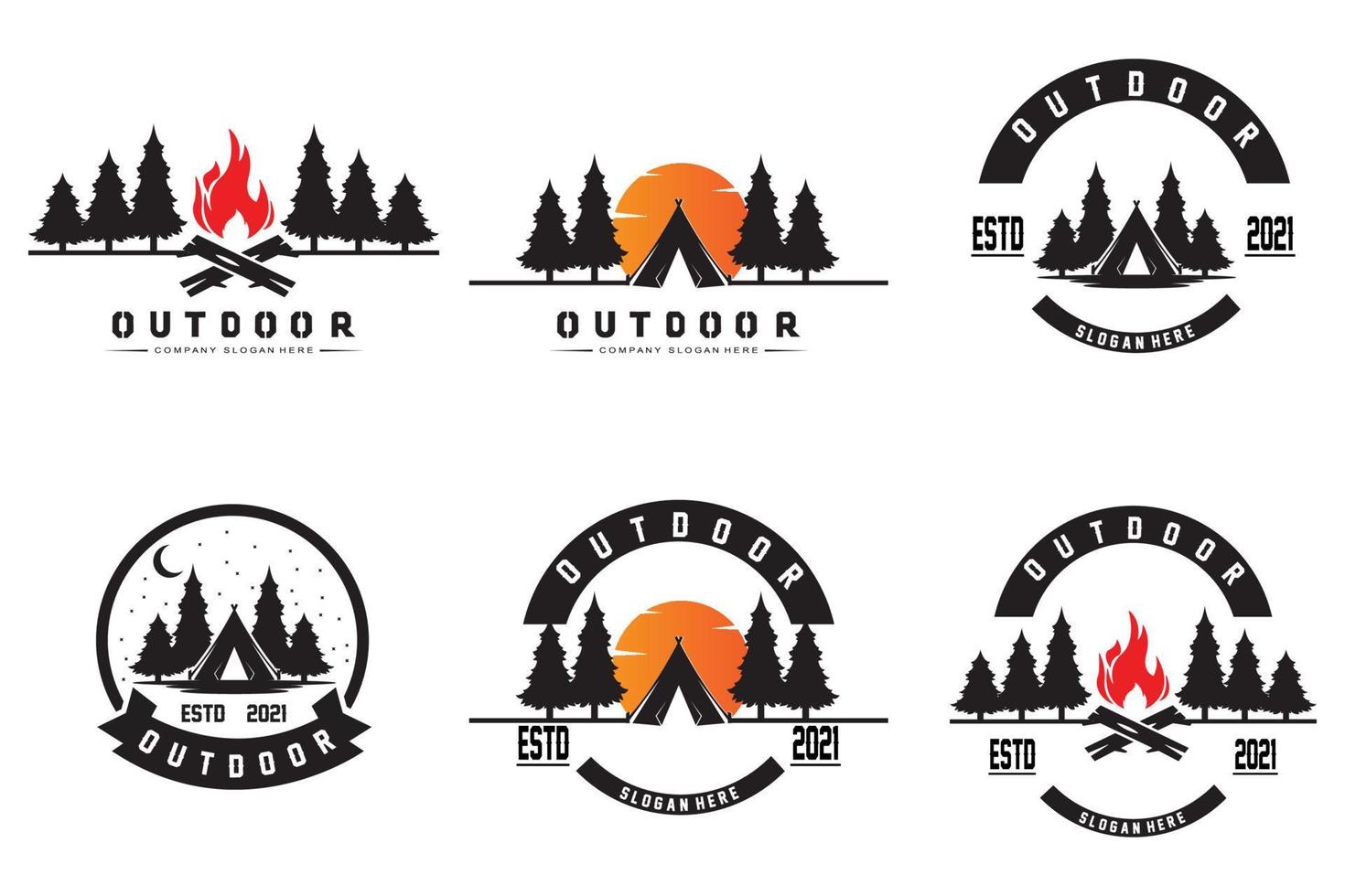 diseño de logotipo de camping, ilustración al aire libre de bosques y paisajes montañosos vector