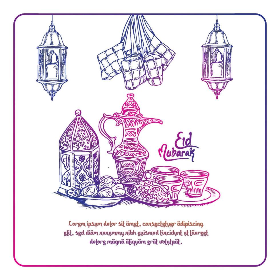 Hand drawing Eid Mubarak party food menu. Arabic elements, sweets, lantern vector design on white background for card, invitation, poster, banner.