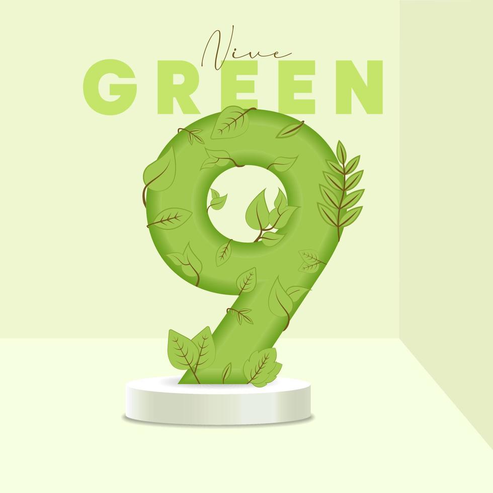 Number 9 leaves and branches on the stand. Leaves font. 9 symbol with green plant texture. Eco symbol collection. Vector design piece and template illustration.