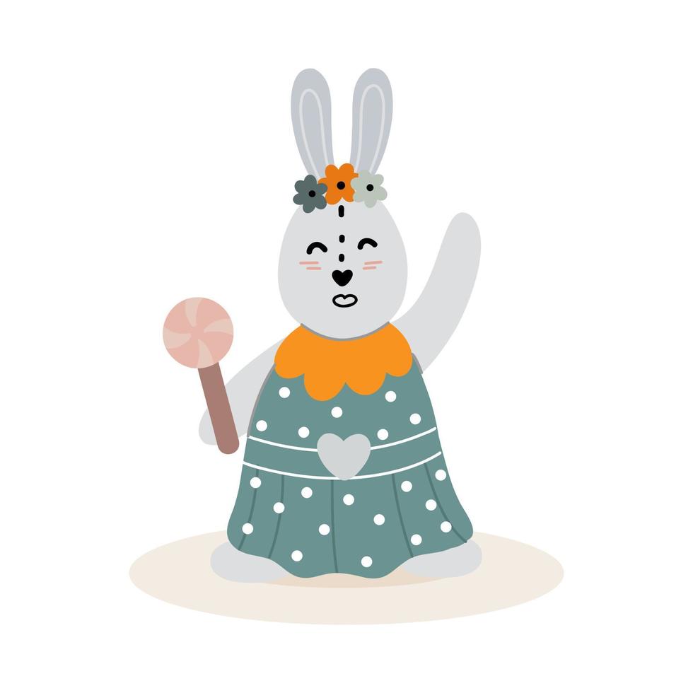 Rabbit girl with a lollipop flaps her paw. . vector illustration