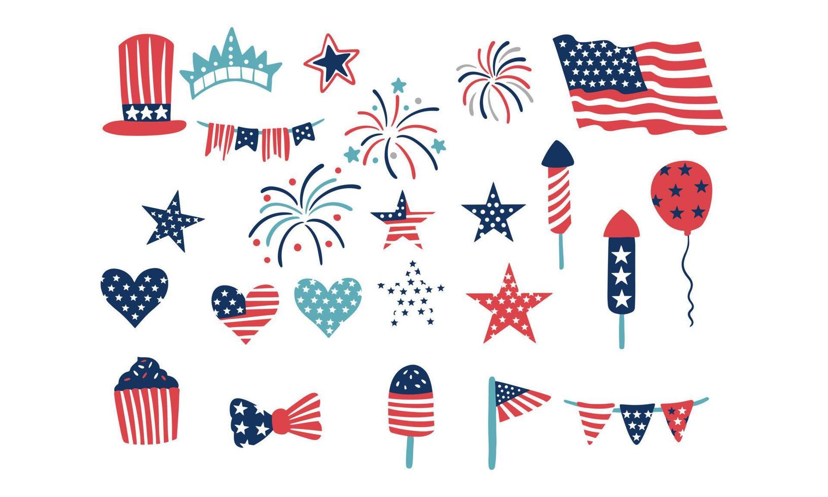 American Independence Day. US flag, star, love, fireworks vector collection.