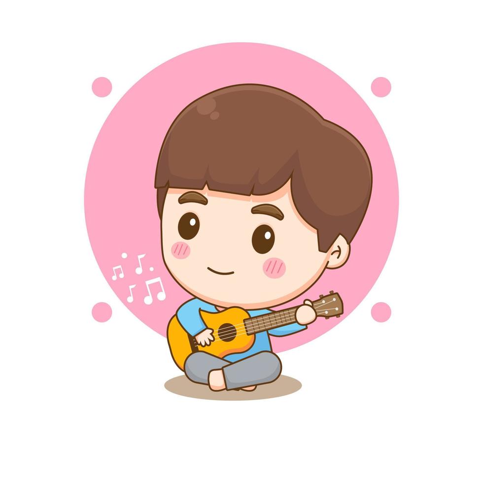 Cute boy playing guitar. Chibi cartoon character. Vector art illustration