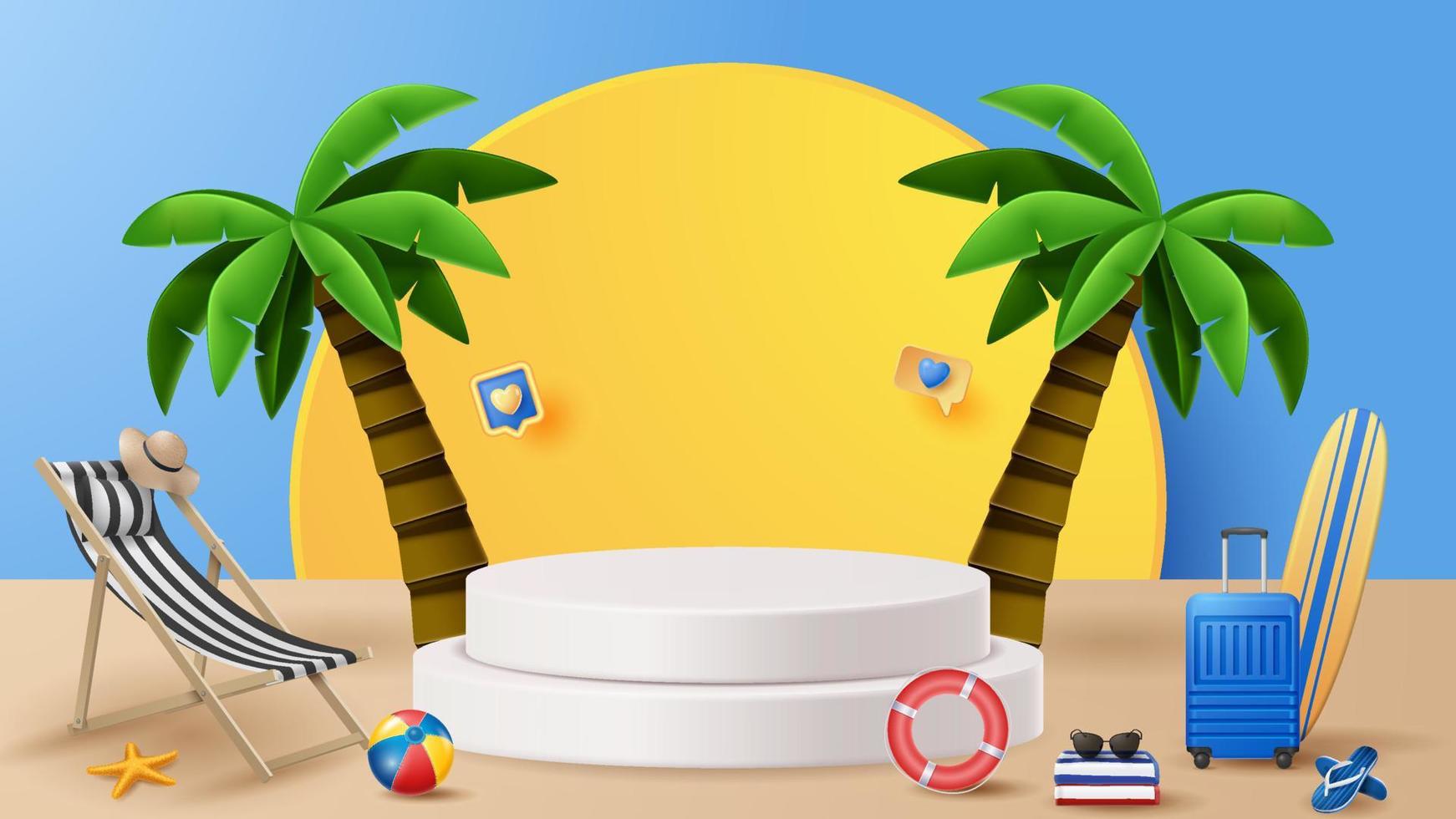fondo de decoración de podio de exhibición de verano con adorno de playa. ilustración vectorial 3d vector