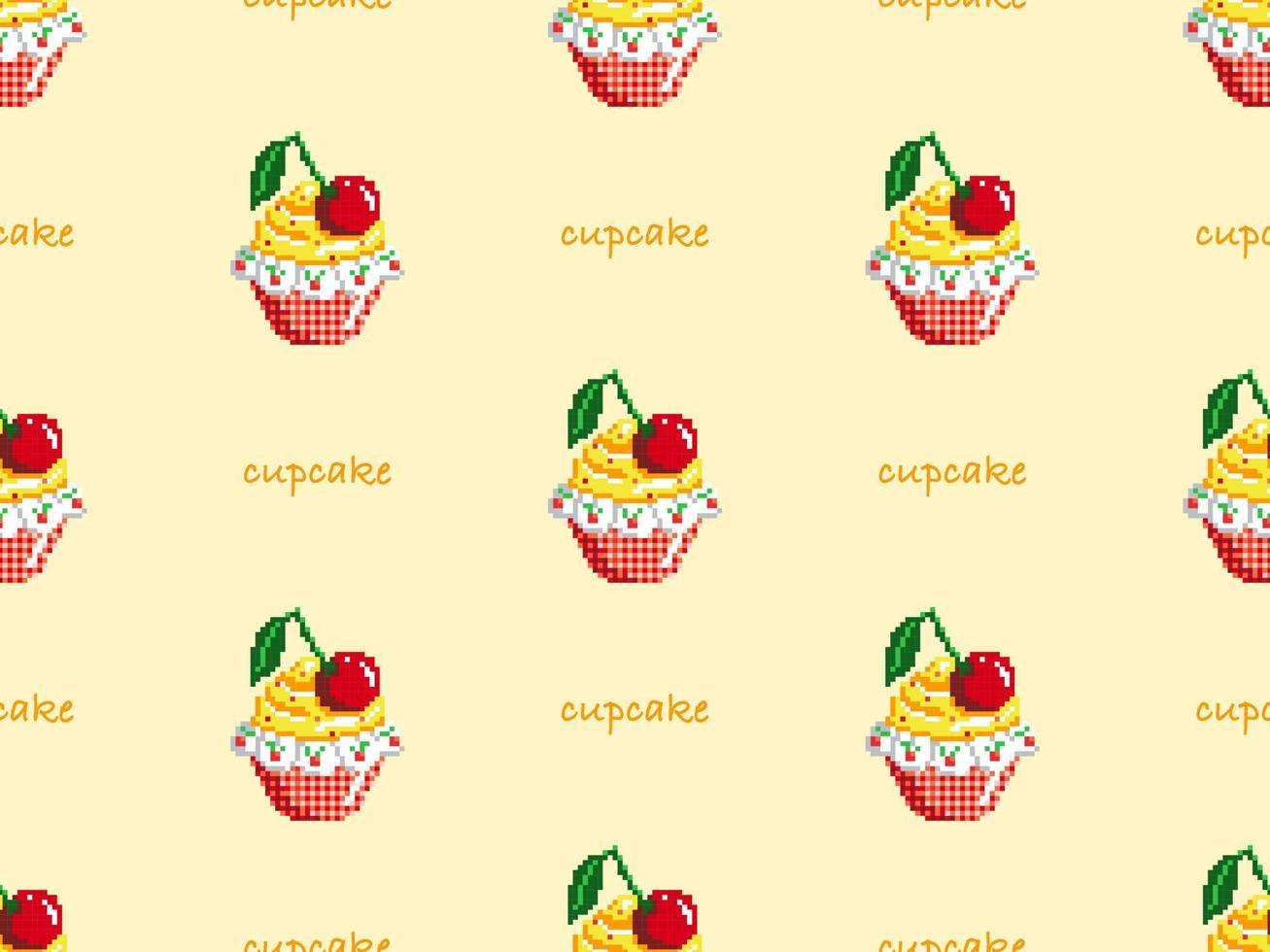 Cup cake cartoon character seamless pattern on yellow background. Pixel style vector