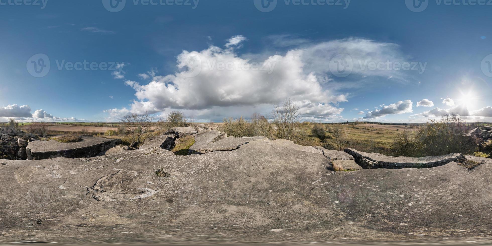 Full 360 equirectangular spherical panorama as background. Approaching storm on the ruined military fortress of the First World War. photo