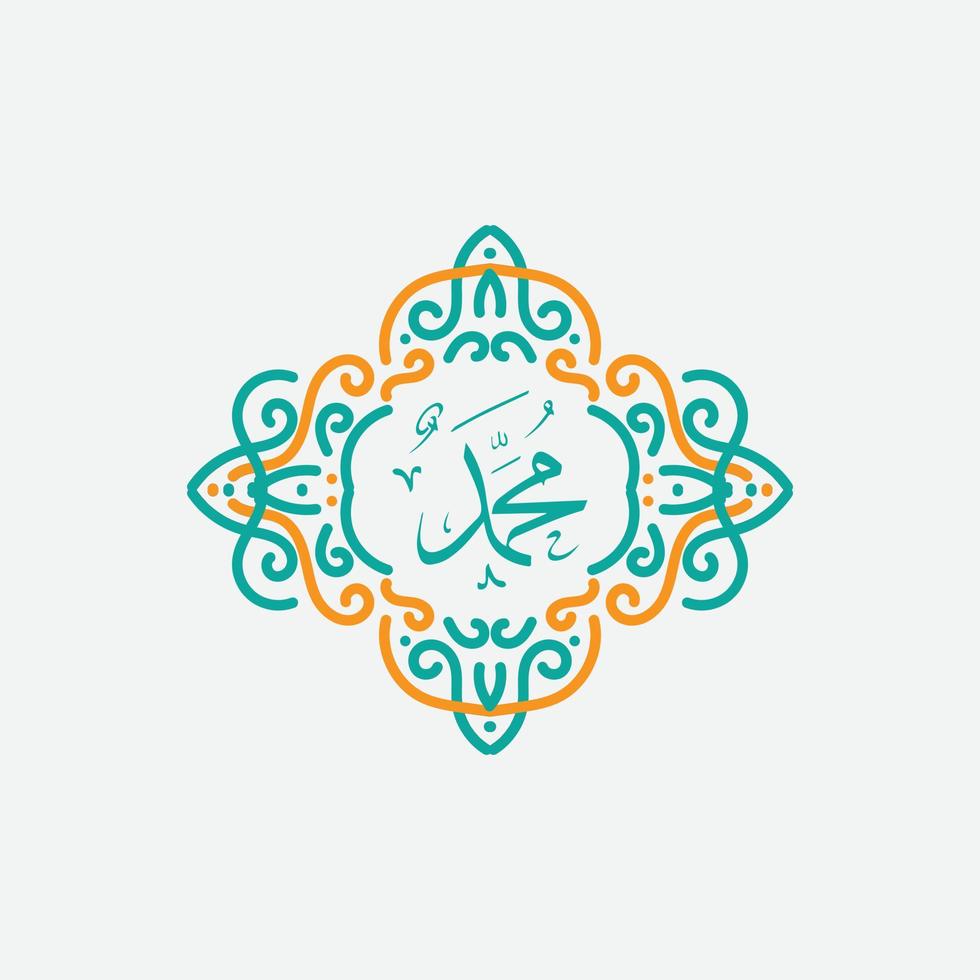 Muhammad arabic calligraphy. Mawlid al-nabawi al-shareef greeting card template with frame or ornament vector