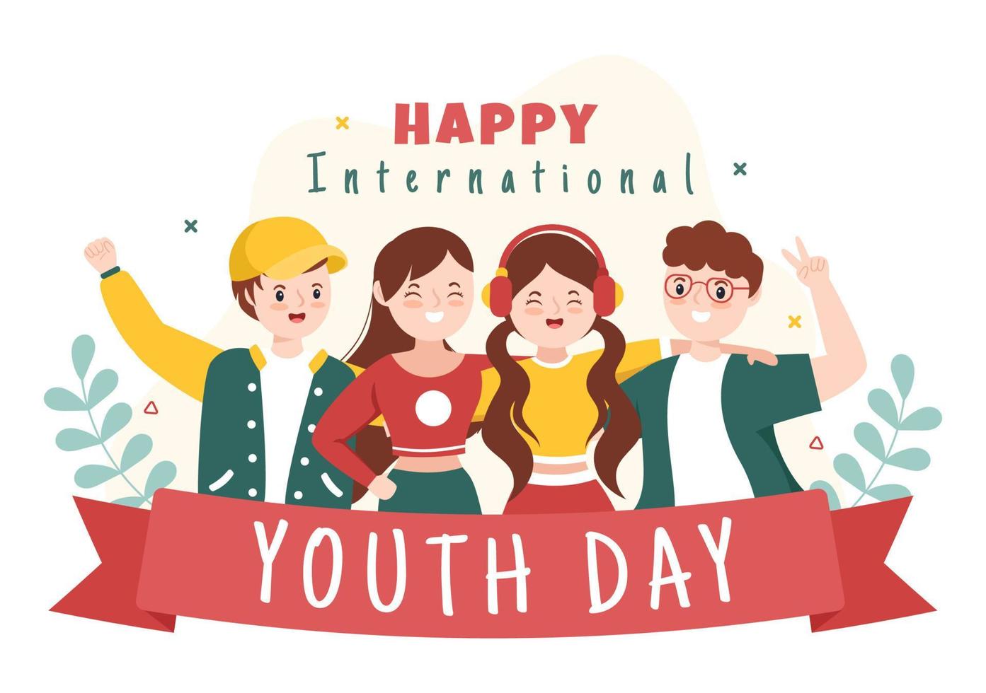 Happy International Youth Day Cute Cartoon Illustration with Young Boys and Girls For Campaign in Flat Style Background vector