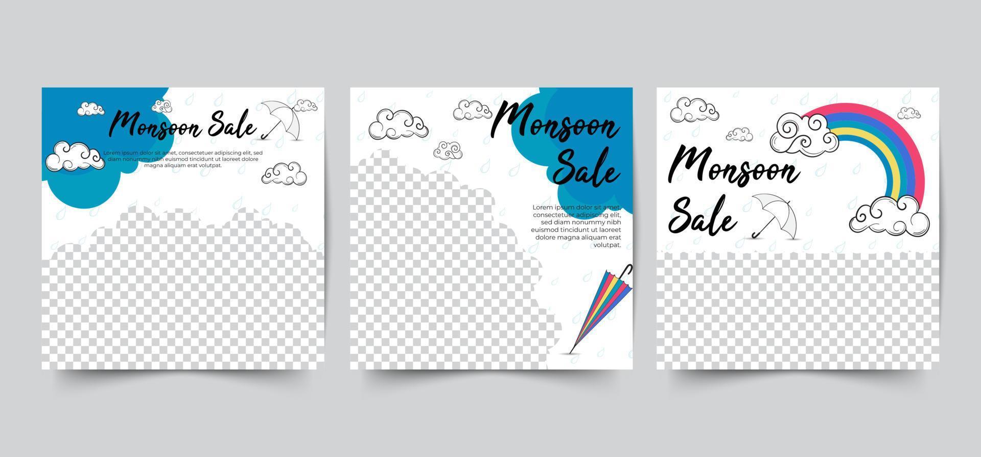 monsoon sale social media post template with clouds and umbrella decoration. vector