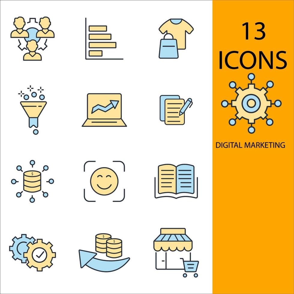 conjunto de iconos de marketing digital. elementos de vector de símbolo de paquete de marketing digital para web de infografía