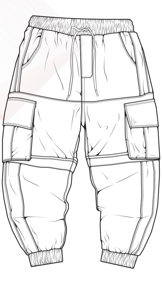 Men Cargo Pants outline  Vector Template, Men Cargo Pants in a sketch style, trainers template outline, vector Illustration.