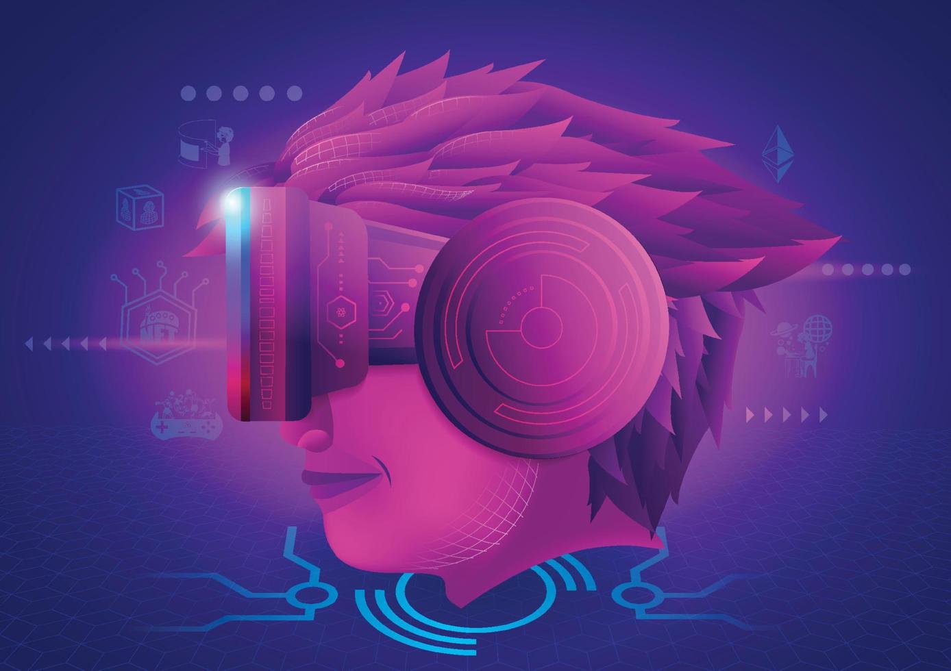 Metaverse Technology concept. A Boy head facing to use VR virtual reality goggle and experiences of metaverse virtual world vector