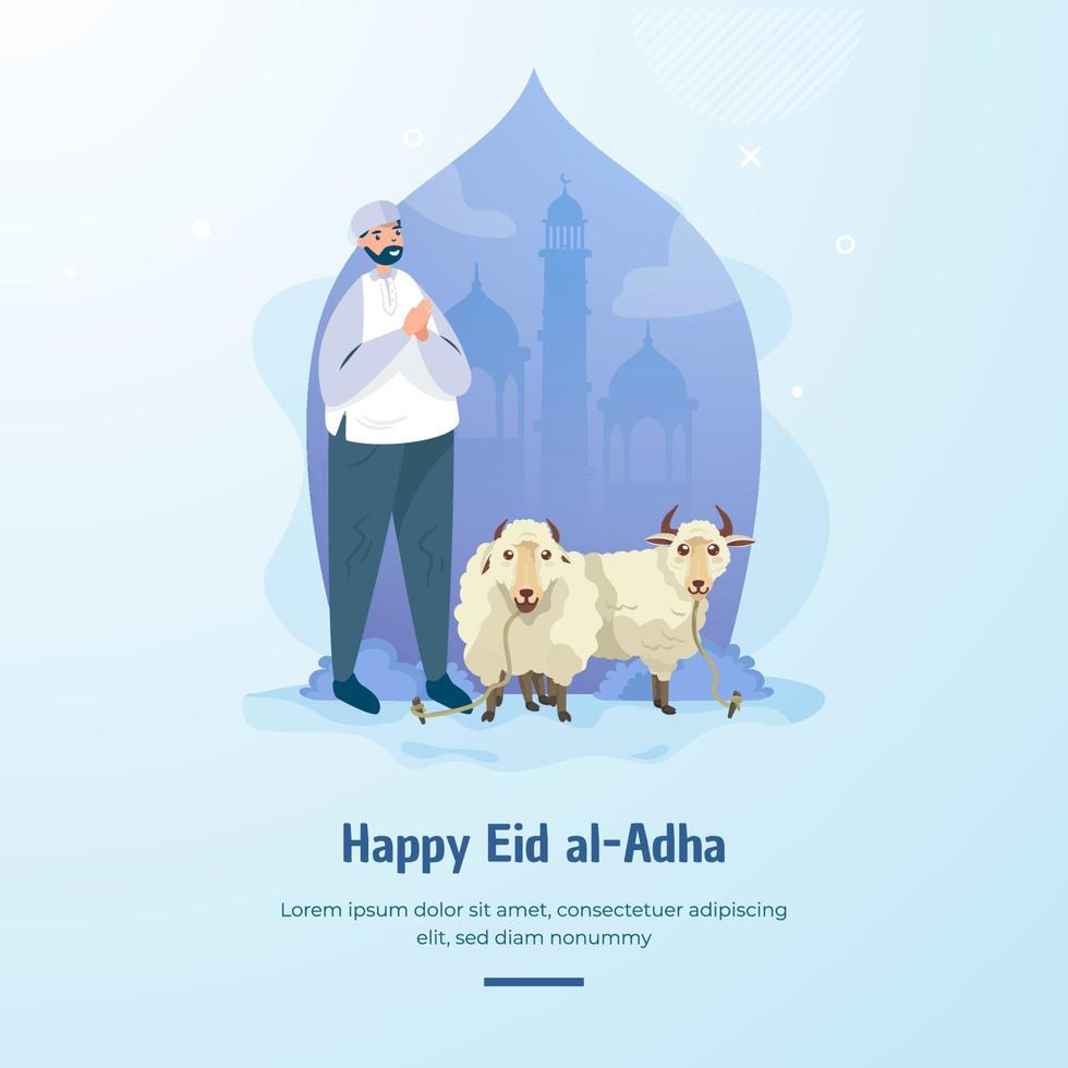 Muslim man standing with sheep for Islamic Eid adha greetings vector