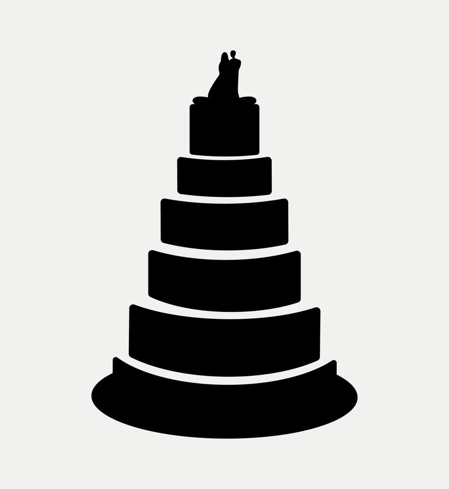 pastel de bodas de cinco niveles con silueta de icono de topper de pastel de novia y novio. vector