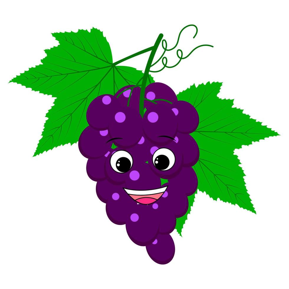 Cute cartoon character blue grapes. Smiling happy grapes. Bunch of grapes. Children's print for a t-shirt. Vector illustration isolated on transparent background