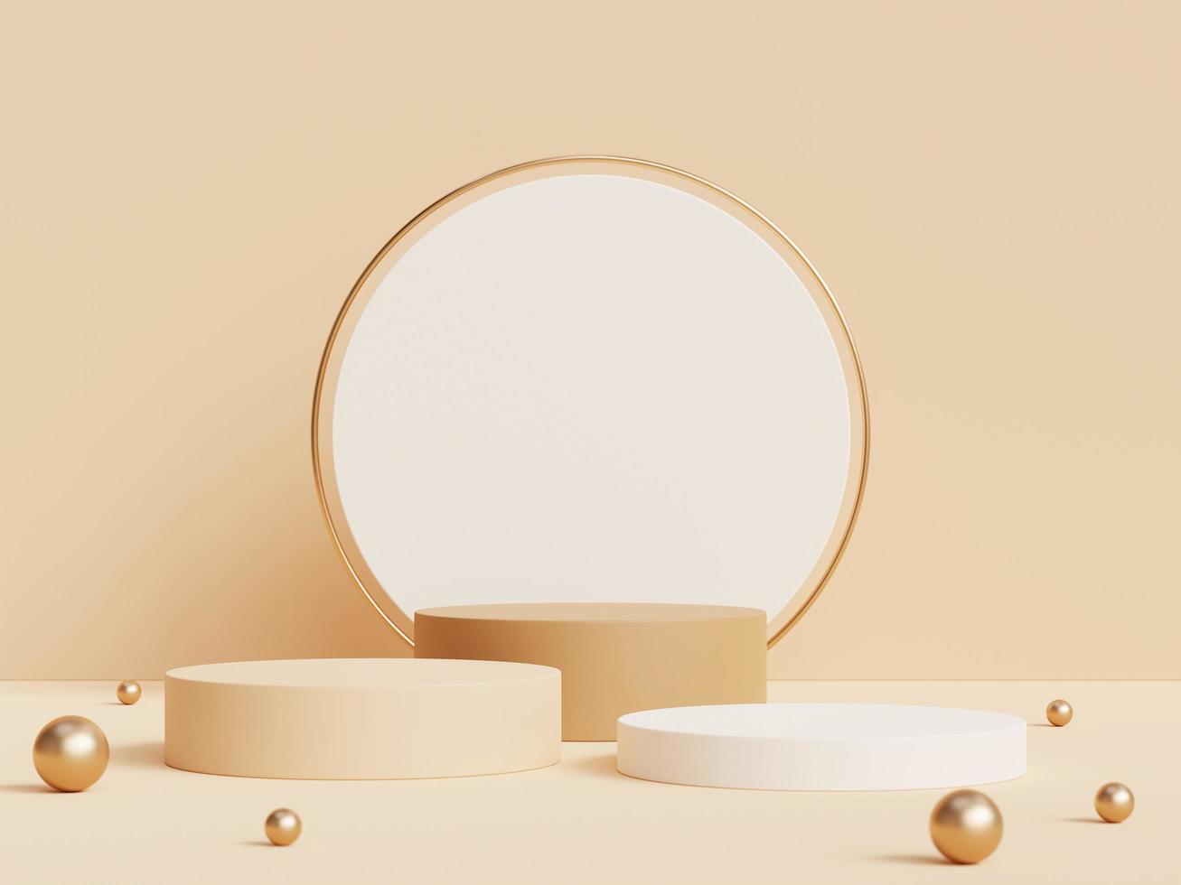 3D rendering of geometric podium, exhibition stand, product display on beige background. Earth tone. Minimal. photo
