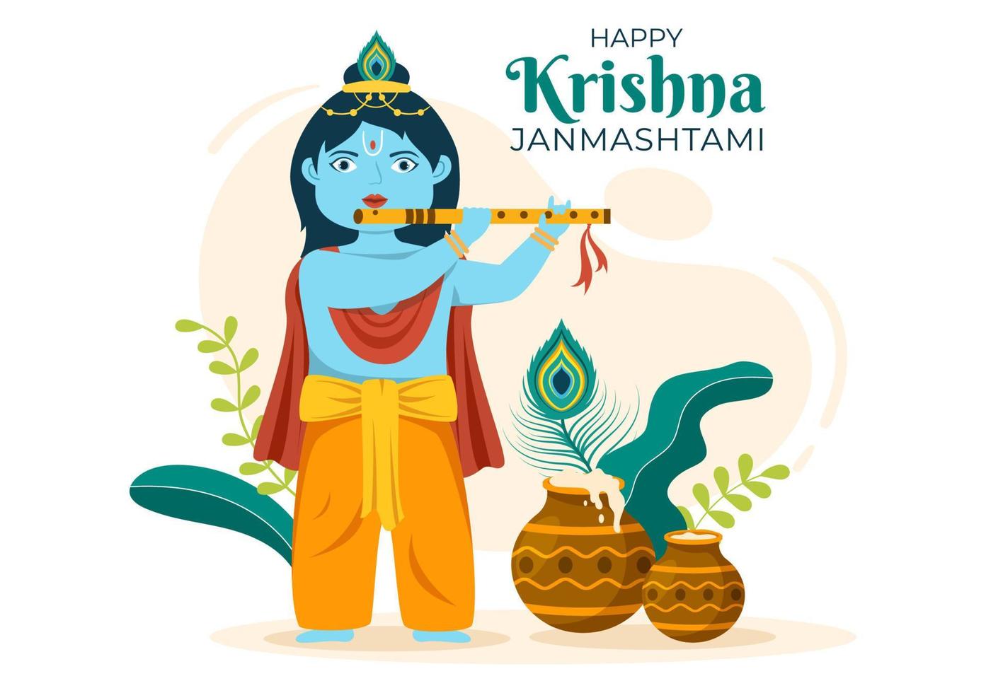 feliz festival krishna janmashtami de la india con bansuri y flauta, dahi handi y pluma de pavo real en una linda ilustración de fondo de caricatura plana vector