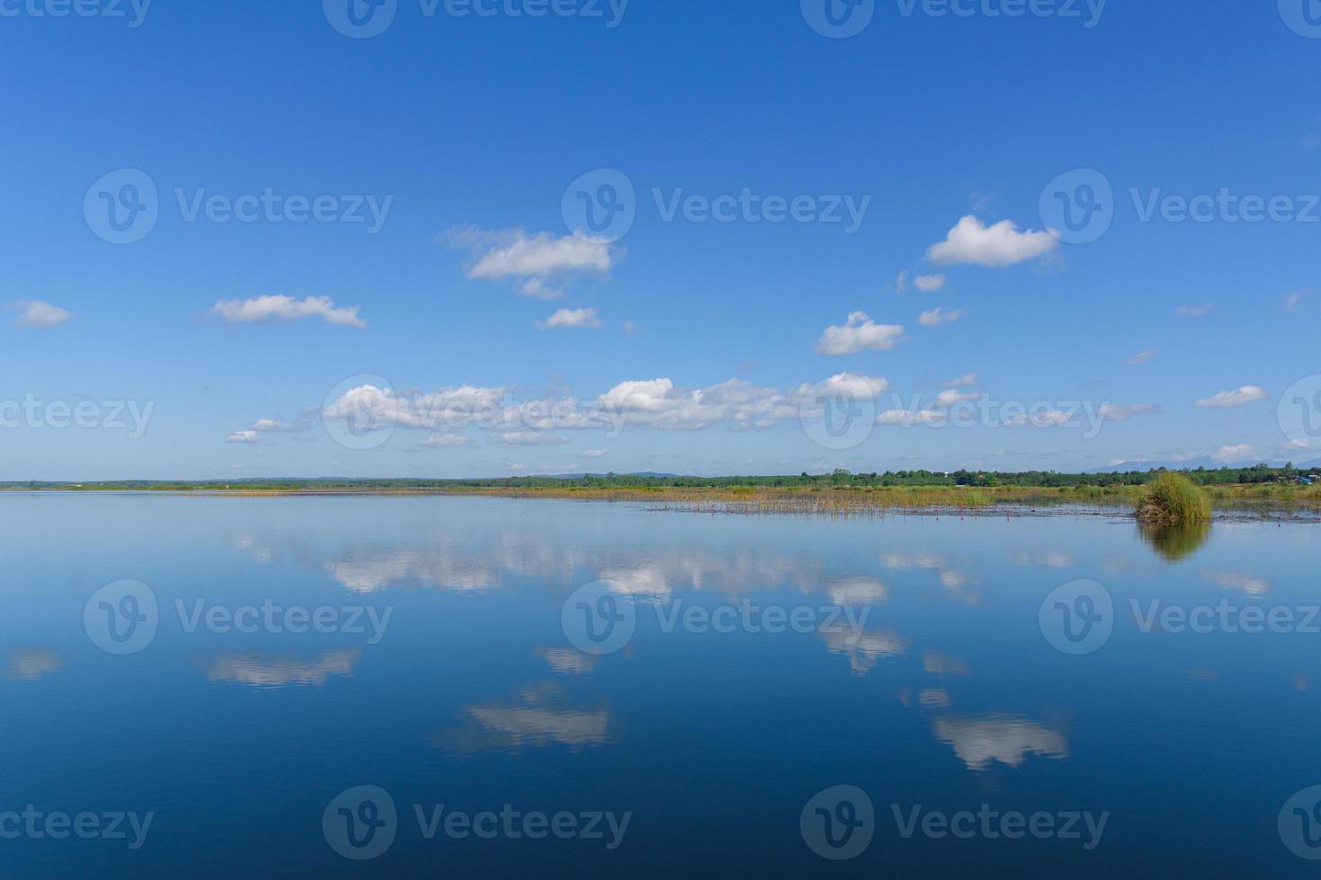 Large island in the lake. There is a beautiful cloud reflecting on the water At  Bueng Kan Province of Thailand 3 photo