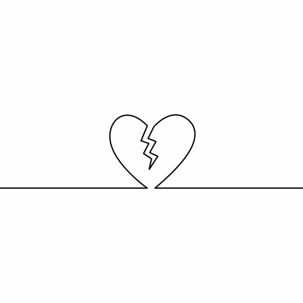 Continuous line drawing of Broken heart on white background. vector