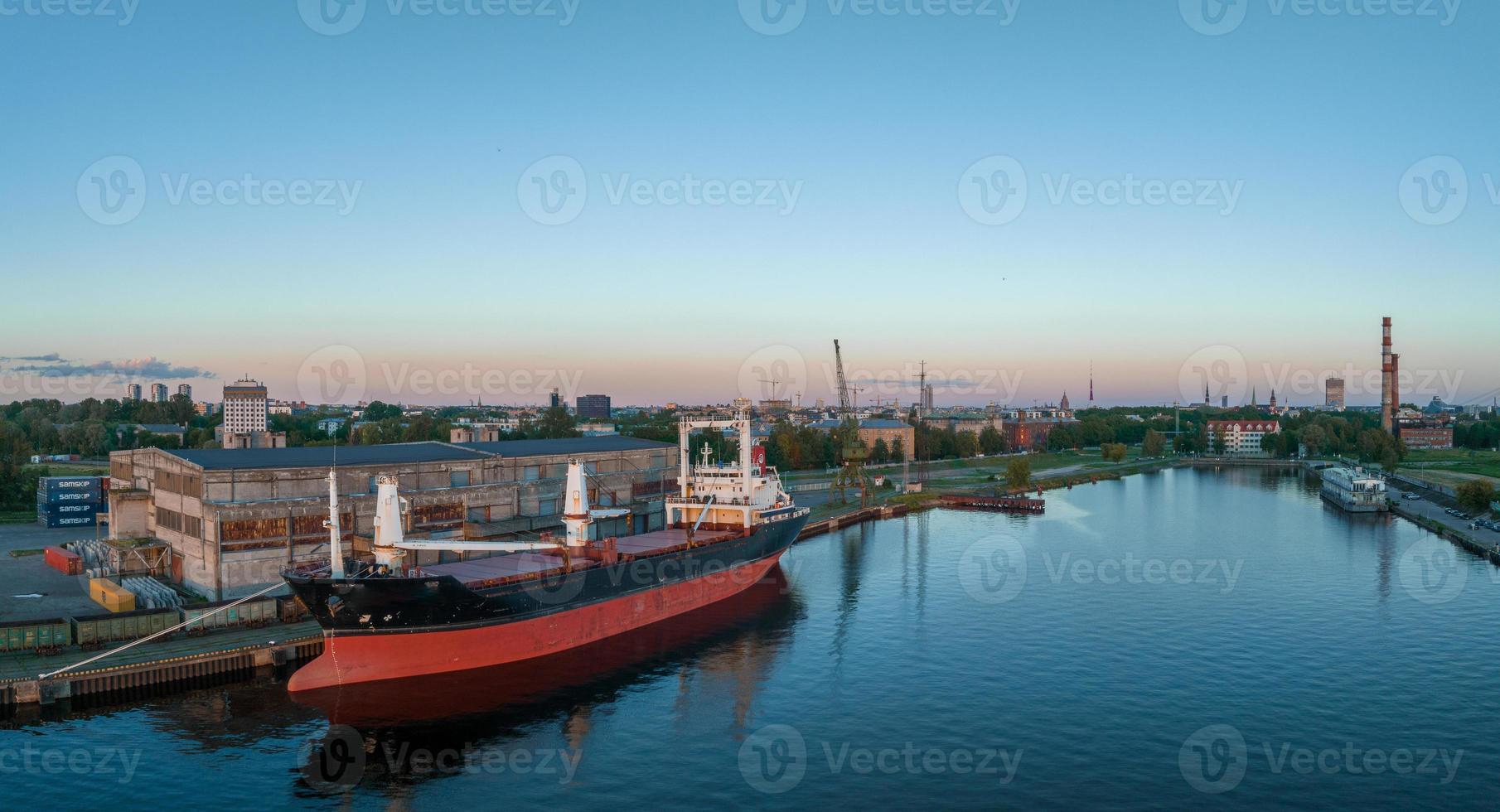 Aerial view of the port and wharf in Riga Latvia with huge tankers docked. photo