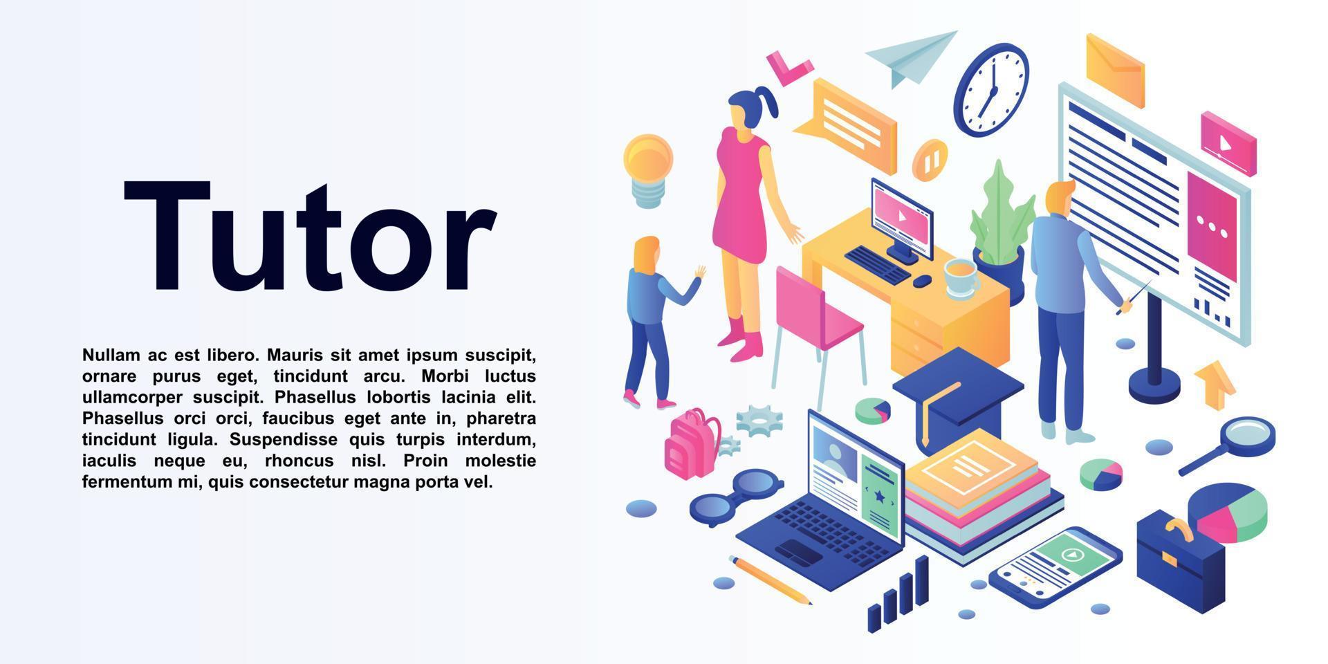 Tutoring concept banner, isometric style vector